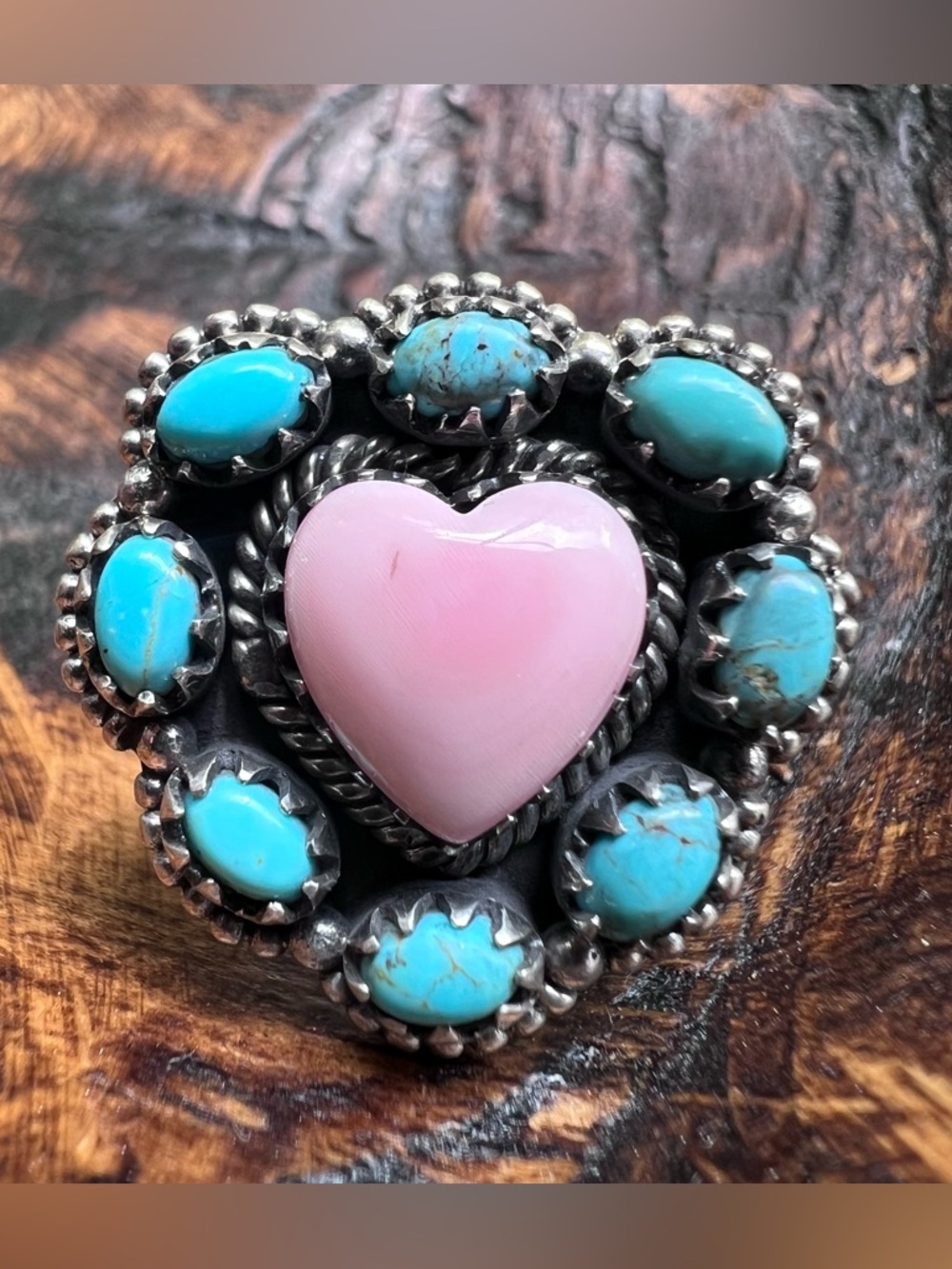 Sterling Silver Queen Conch Heart Turquoise Cluster Ring Size 9 Southwest